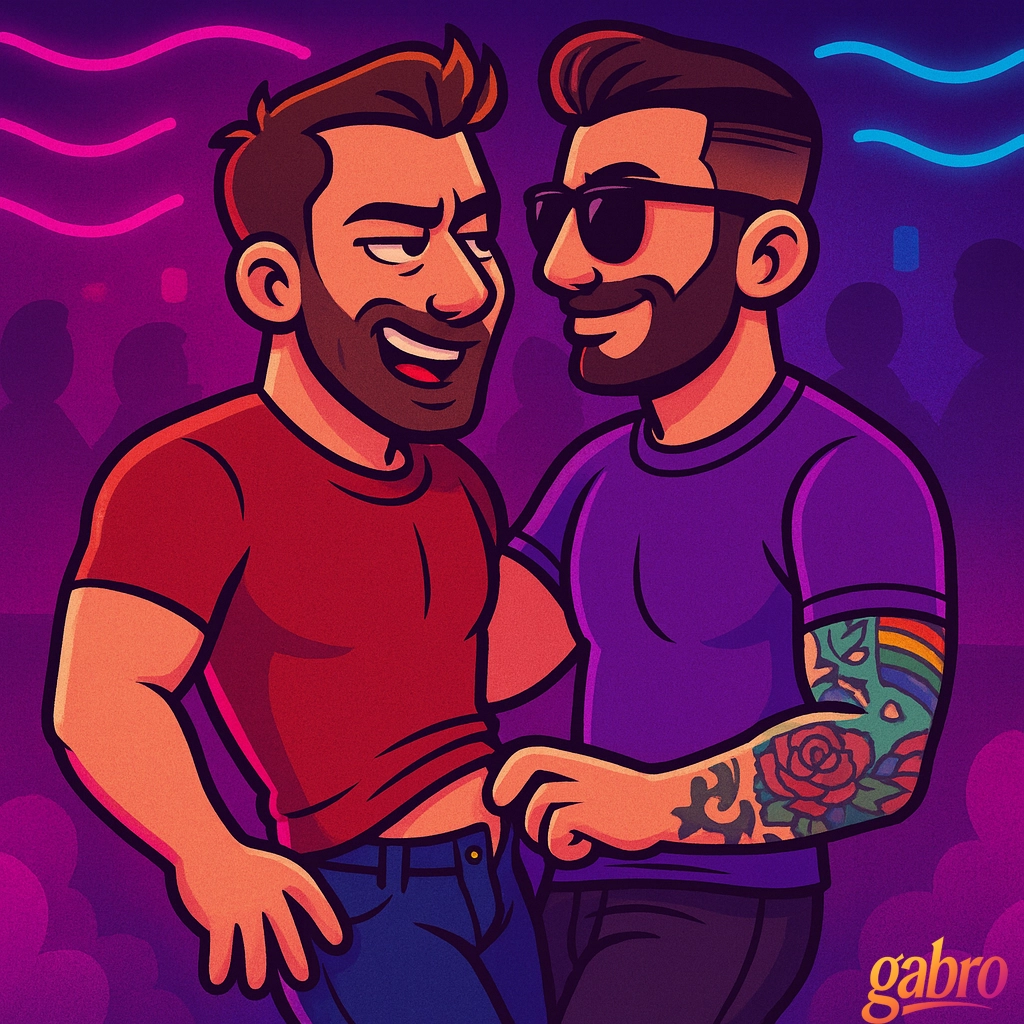 A flirtatious neon cartoon nightlife scene shows gabro in a purple shirt and sunglasses standing close to another man in a red shirt. The two smile at each other as gabro reaches toward the other man’s waistband, with colorful neon squiggles and a club-like crowd silhouetted in the background. A small gabro logo appears in the bottom right corner.