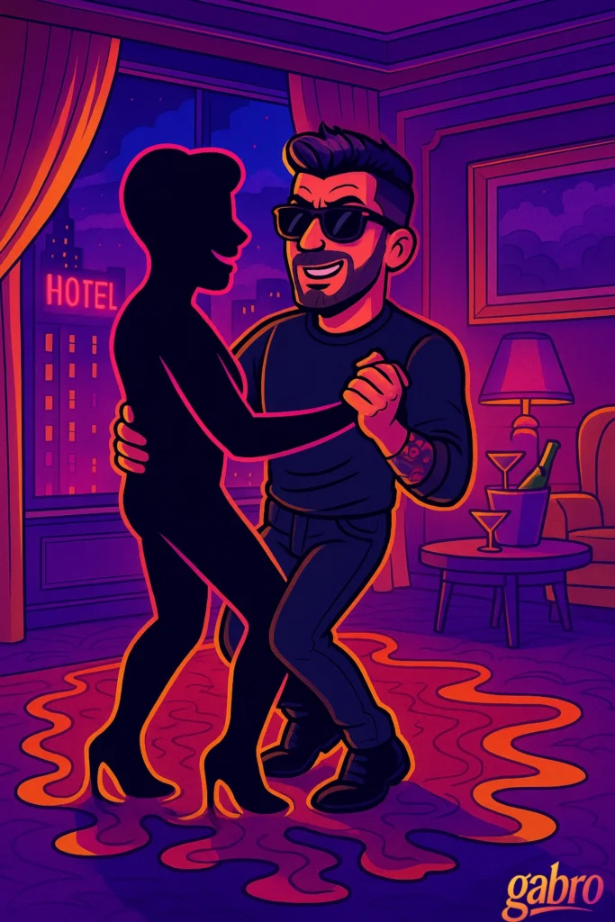 A neon cartoon hotel-room scene shows gabro dancing with a glowing pink-outlined silhouette figure in front of a large window. Outside, a lit “HOTEL” sign is visible, while inside the room a table with martinis and a bottle sits beside a lamp, and the carpet appears to melt into colorful flowing shapes.