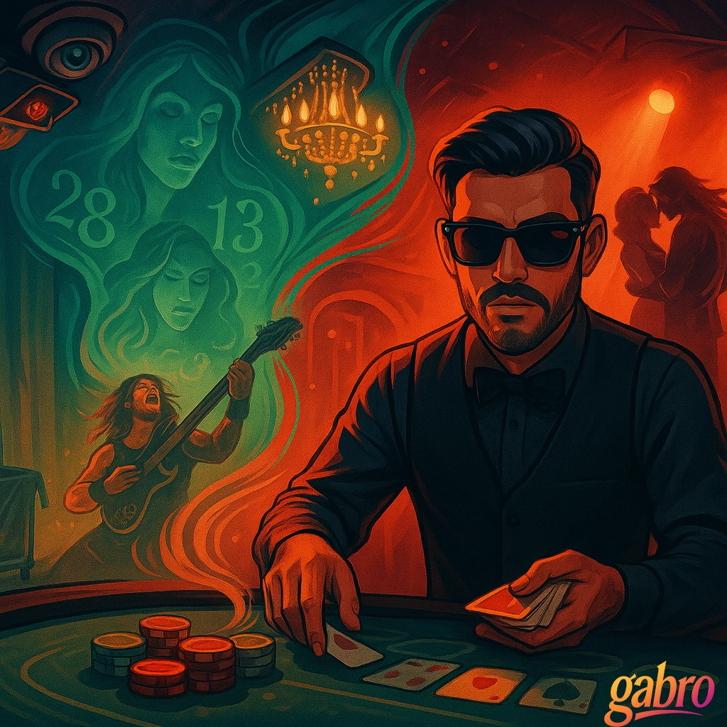 gabro in sunglasses and long sleeves deals with a hard stare as red stage light washes across the pit. To the left, rafe king tears into a guitar solo like the ceiling owes him money. Ominous shapes haunt the edges, a heavy laundry cart in shadow, a mop sink glowing, and a ghostly ledger face whispering numbers that look like dates. Above, the chandelier hangs like a threat and the vent eye watches. The scene vows I am soft and sharp, dealer and show, refusing to get small.