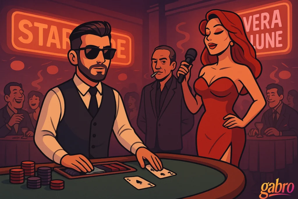 gabro, the confident 1977 dealer, stands at a smoky blackjack table dealing cards under the neon glow of the STARFADE sign. Vera Lune, a glamorous red-haired lounge singer in a red dress, walks by mid-song, leaving a matchbook on his apron. The crowd laughs and smokes behind them, their silhouettes blurred in warm orange and purple light.