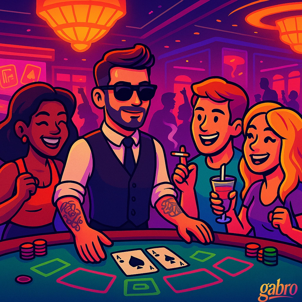 A lively neon cartoon casino scene shows gabro dealing blackjack at the center of a table, wearing sunglasses, a white shirt, black vest, and tie. Three cheerful young adults stand around the table smiling and chatting, one holding a drink, while two aces lie face up in front of gabro. Pink and orange chandeliers glow overhead, colorful chips sit on the table, and a small gabro logo appears in the bottom right corner.