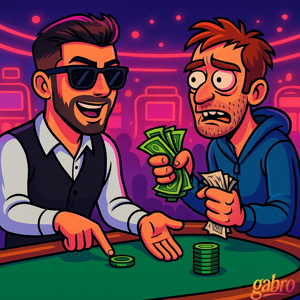 A bright cartoon casino scene shows cartoon gabro as the dealer, wearing sunglasses, a white shirt, and a black vest, smiling as he gestures toward a stack of green chips on the table. Beside him, a nervous-looking man in a blue hoodie clutches cash in both hands with a worried expression. The background glows with pink and purple casino lights, and a small gabro logo appears in the bottom right corner.