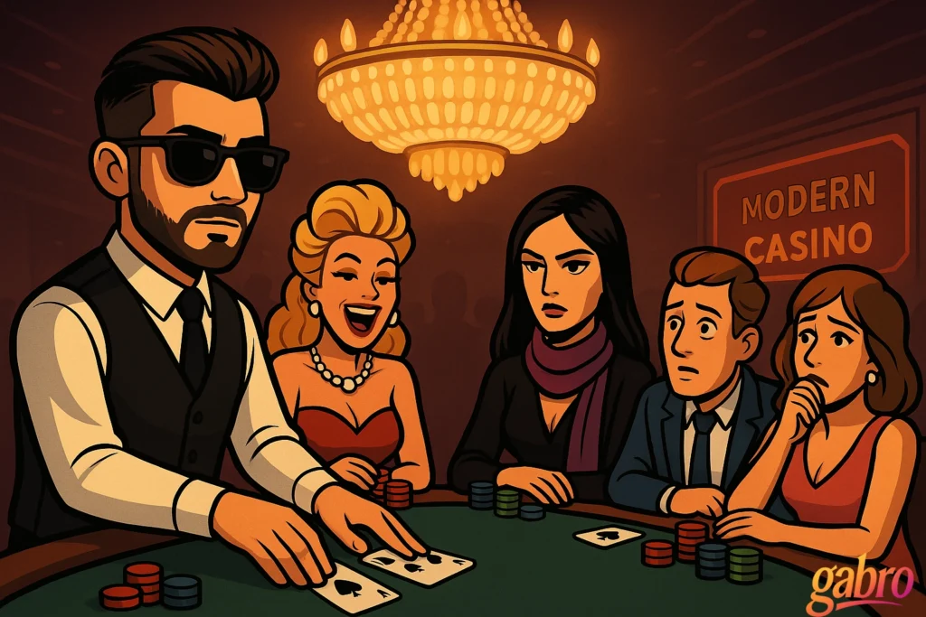 gabro, a suave casino dealer with a beard and sunglasses, wearing a long-sleeve white shirt and black vest, deals cards under the golden glow of a chandelier at the modern day casino. Three glamorous women and an anxious man sit around the blackjack table, their expressions mixing arrogance, tension, and disbelief.
