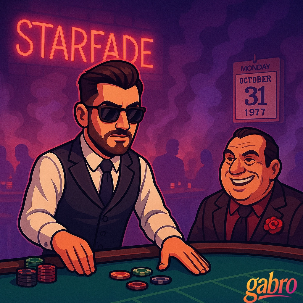 gabro, now in his 1977 form, stands behind a blackjack table inside the smoky Starfade Casino. The neon red sign glows behind him as Rocco, the pit boss with a carnation and sharp grin, looks on approvingly. The table is lined with heavy clay chips, and gabro’s vest features bold lapels as he deals under moody purple-orange lighting that captures the retro tension of Mob-era Vegas.