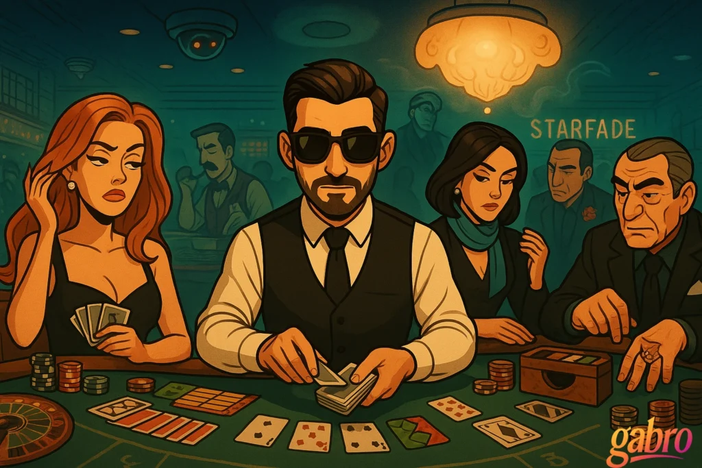 gabro shuffles at center stage under a breathing chandelier as third base flips her hair, first base strokes his cufflinks, and a silk-scarf ice queen taps the rail. The tiger-ring old man taps twice, Rocco watches with a red carnation, the ceiling vent peers like an eye, and shady cues sit on the layout, from stacked cut cards to a grinning toke box, while roulette and chips crowd the green felt.