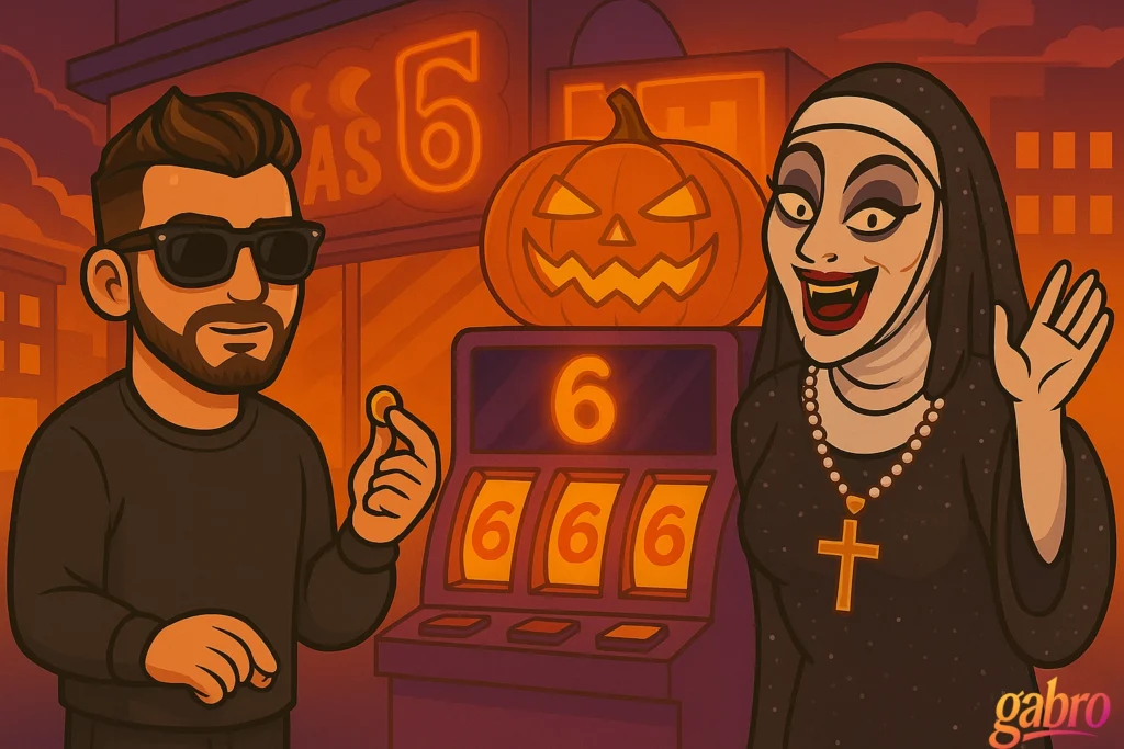 Cartoon gabro dropping coin into haunted pumpkin slot standing next to nun in drag.