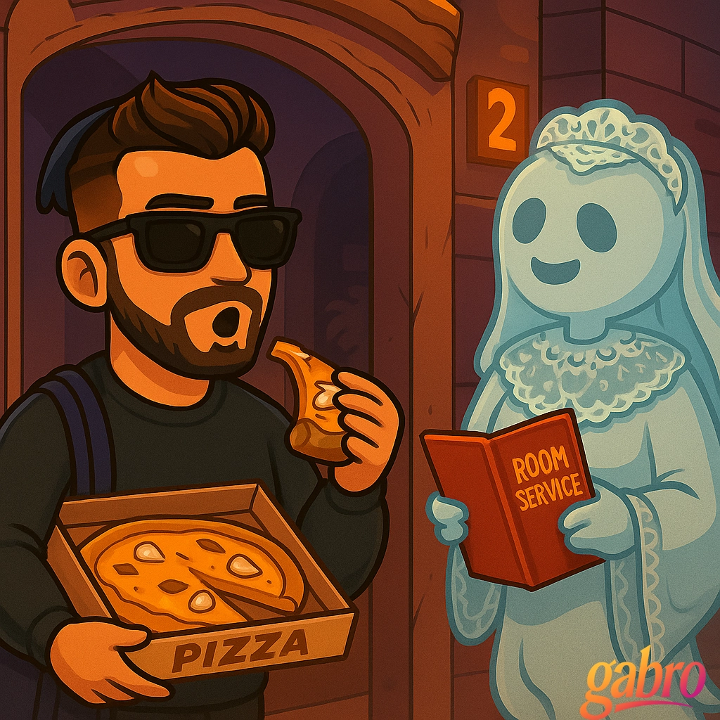 Cartoon gabro eating pizza after ordering room service from concierge ghost wearing lace.