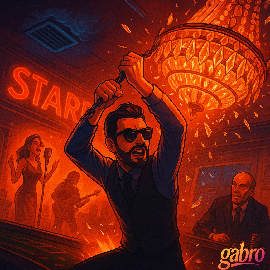 gabro in sunglasses and long sleeves strains against the chandelier chain as sparks and crystals rain across the Starfade Casino. Vera belts a note into the mic while Rafe shreds his guitar beside her. The tiger watches from the rail, Rocco stares from the pit, and red-orange light bathes the scene in chaos and fire as the chandelier bends toward the service hatch.