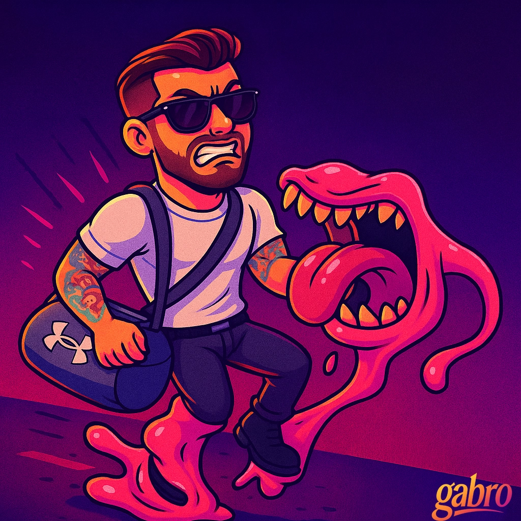 A vivid cartoon illustration shows gabro in sunglasses and a white T-shirt riding or wrestling a pink goo-like monster with sharp teeth and a huge tongue. He grips a gym bag with an Under Armour logo while grimacing, as if being dragged into battle, against a purple neon background with a small gabro logo in the bottom right corner.