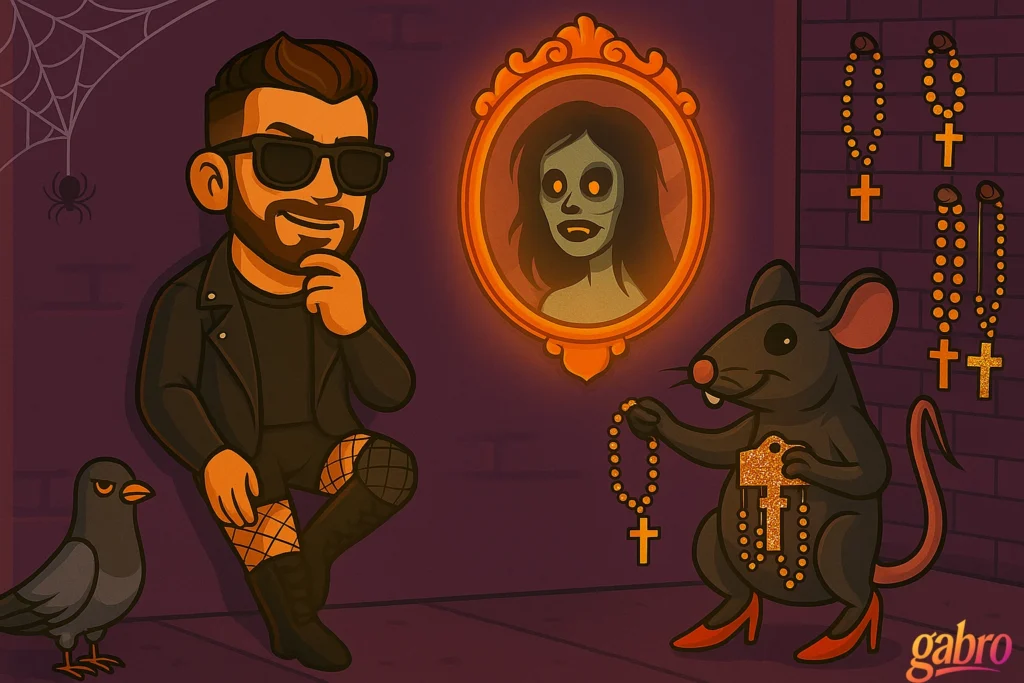 Cartoon gabro in fishnets leaning against wall looking at rat in stilettos selling rosaries with a demon lady ghoul on wall mirror.