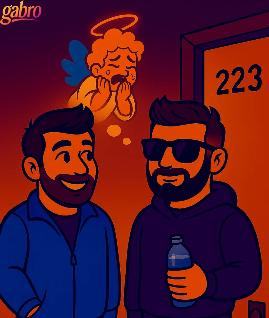 In a neon-toned hotel hall, gabro and Miguel stand outside Miguel's hotel room, both smiling, gabro with a water bottle in hand, and Angel is in a thought bubble above gabro's head crying. Room 223.