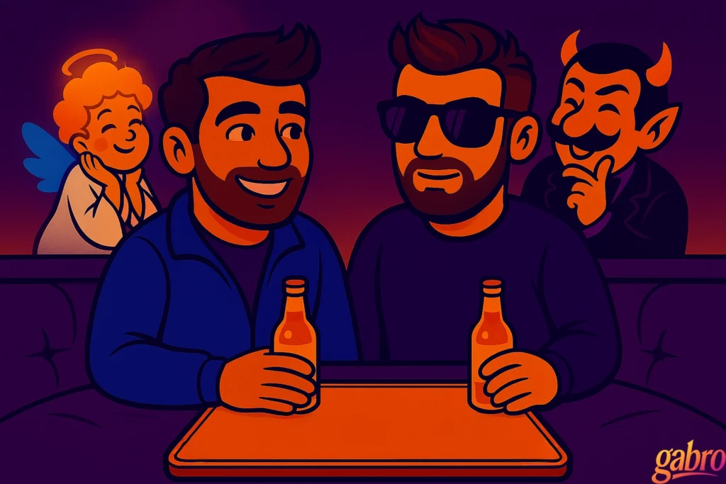 Cartoon-style digital illustration of gabro and Miguel sitting at a hotel bar, smiling and talking. Miguel, a handsome Latino man with warm eyes and trimmed beard, wears a blue jacket, while gabro wears a sweater and sunglasses.