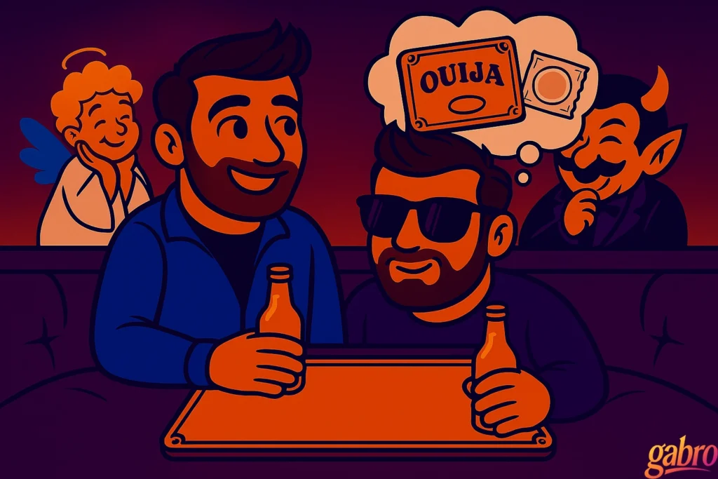 Cartoon-style illustration of gabro and Miguel sitting together at a cozy bar booth, smiling and laughing warmly. gabro wears a hoodie and sunglasses, and Miguel wears a blue jacket. The tiny angel hovers beside gabro, whispering advice, while the mischievous devil leans from behind, smirking. Above gabro’s head floats a glowing thought bubble showing a Ouija planchette next to a cartoon condom in a wrapper.