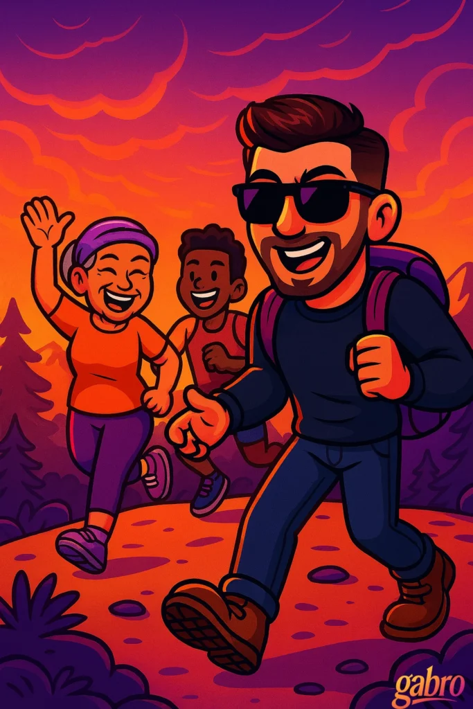 A bright cartoon hiking scene shows gabro in sunglasses and a backpack walking along a trail at sunset while two happy companions follow behind, one waving with a big smile. Pine trees, mountains, and glowing orange-purple skies create a warm outdoor adventure vibe, with a small gabro logo in the bottom right corner.