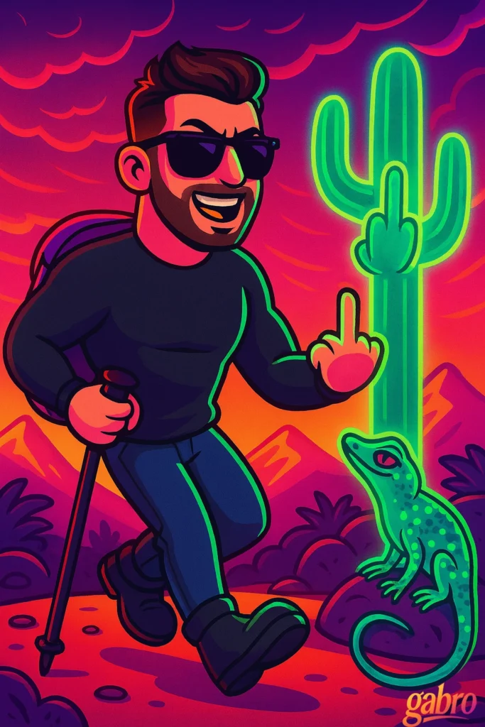 A neon cartoon desert scene shows gabro hiking with a backpack and trekking pole, grinning as he gives the middle finger to a glowing cactus that appears to be flipping him off back. A green lizard looks up from a rock nearby, with purple mountains and a vivid pink-orange sunset in the background. A small gabro logo appears in the bottom right corner.