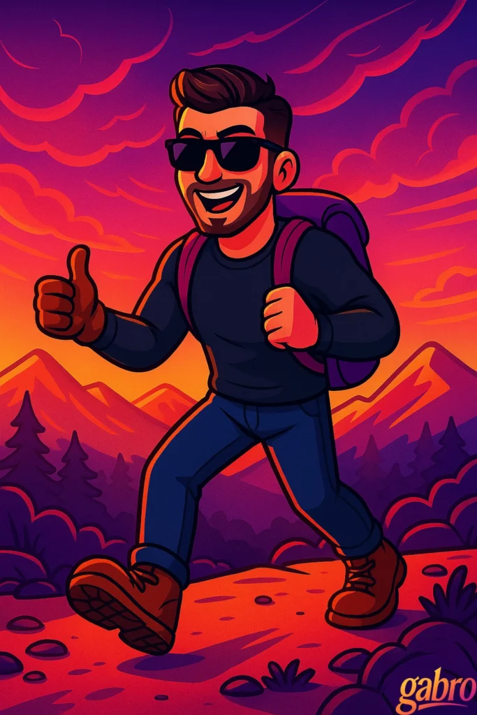 A colorful cartoon hiking scene shows gabro in sunglasses and a backpack striding uphill on a mountain trail at sunset, smiling and giving a thumbs-up. Purple trees and distant mountains sit beneath dramatic pink and orange clouds, and a small gabro logo appears in the bottom right corner.