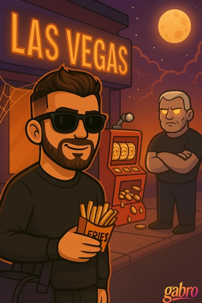 A moody cartoon nighttime Las Vegas scene shows gabro in dark sunglasses and a black shirt, smiling while holding a carton of fries on a sidewalk beneath a glowing “LAS VEGAS” sign. Behind him, a stern gray-haired man with glowing yellow eyes stands with his arms crossed beside a slot machine spilling coins. A full moon, clouds, and a spiderweb add a spooky, funny vibe, with a small gabro logo in the bottom right corner.