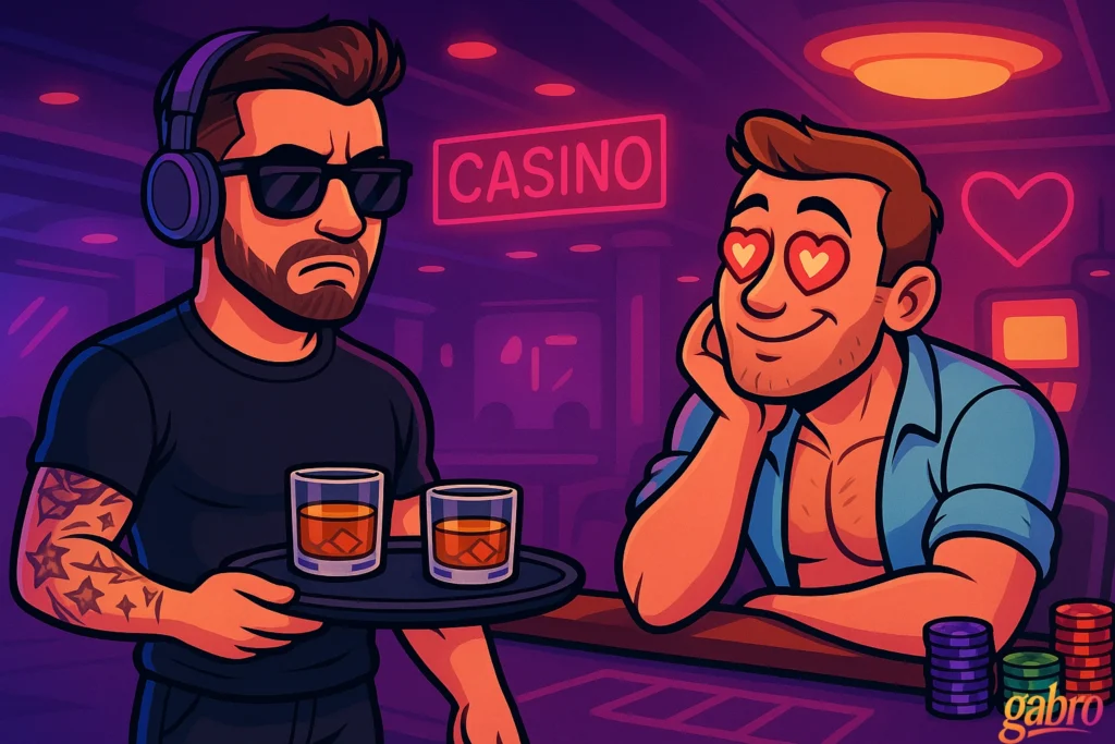 A neon cartoon casino-bar scene shows gabro wearing headphones and sunglasses while carrying a tray with two whiskey drinks. Across the bar, a smiling man with heart-shaped eyes leans on one hand and gazes at him, with a glowing “CASINO” sign and stacked chips in the background.