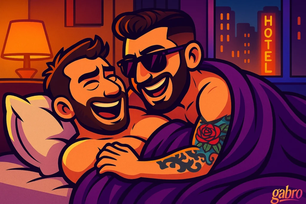 A warm cartoon hotel-room scene shows gabro and another man laughing together in bed under a purple blanket. A bedside lamp glows on the left, and a city window in the background shows a neon “HOTEL” sign. A small gabro logo appears in the bottom right corner.