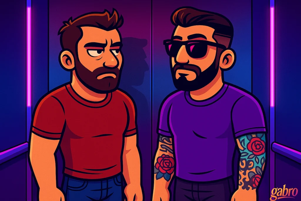 A cartoon scene inside a neon-lit elevator shows gabro in a purple shirt and sunglasses standing face-to-face with another man in a red shirt. Both men wear serious, tense expressions, and the purple-blue elevator walls are framed by glowing pink lights. A small gabro logo appears in the bottom right corner.