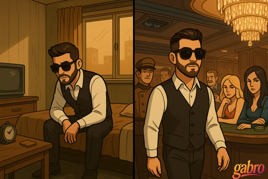 gabro, wearing sunglasses and a sharp black vest with long sleeves, deals cards at the high-stakes Ruby Room table inside the Starfade Casino. Mobsters in suits, a glamorous woman, and the tiger-ringed old man watch tensely. Rocco, with a wilted red carnation, leans in from the shadows. Above, the vent glows faintly while “the sky” is watching from the ceiling as Vera Lune sings softly in the crimson haze.