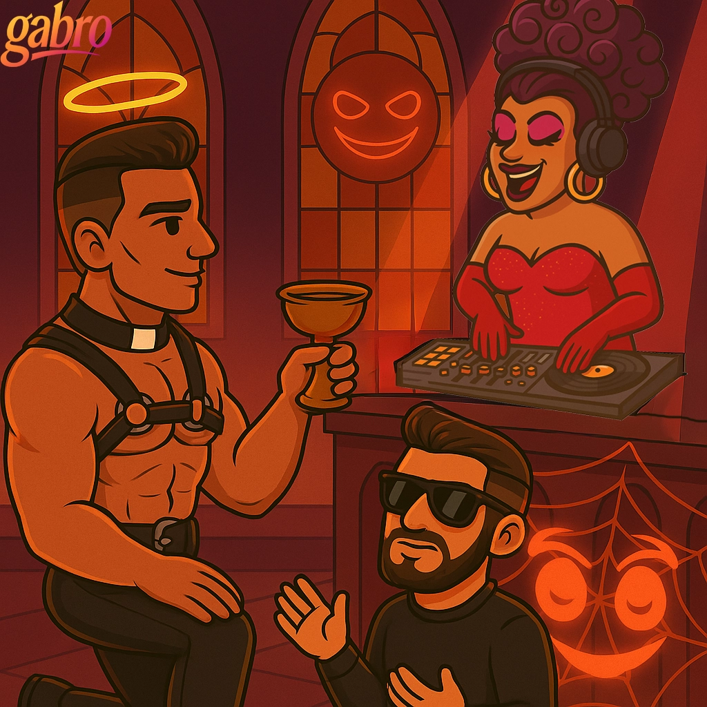 Cartoon gabro kneeling next to priest on one knee while drag DJ is spinning hits.