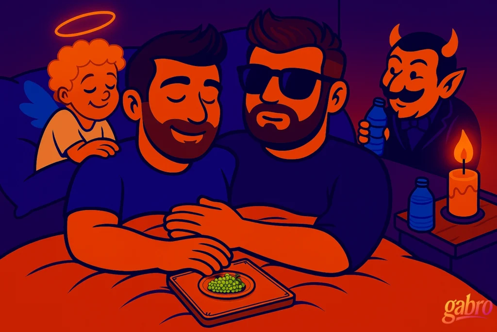 gabro and Miguel recline against hotel pillows, relaxed and smiling with water bottles in hand and a bowl of grapes on top of blankets; a devil peeks while an angel pats Miguel's back.