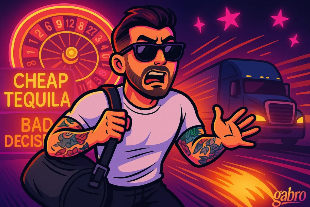 A neon cartoon scene shows gabro in sunglasses and a white T-shirt looking alarmed while carrying a gym bag, as a truck speeds toward him from the right. Behind him, a glowing roulette wheel and a bright sign read “CHEAP TEQUILA” and “BAD DECISIONS,” with pink stars and streaks suggesting panic or chaos, plus a small gabro logo in the bottom right corner.