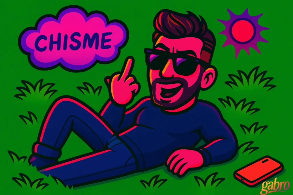A playful cartoon scene shows gabro lounging on bright green grass in sunglasses, leaning on one arm and raising one finger as a pink speech cloud above him reads “CHISME.” A phone lies off to the side, and a bold pink sun and stylized grass shapes fill the simple graphic background. A small gabro logo appears in the bottom right corner.
