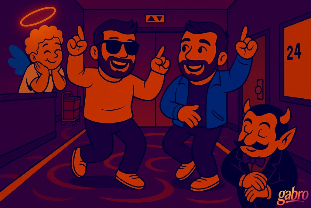 A colorful cartoon-style digital illustration of gabro and Miguel dancing playfully in a hotel hallway while waiting for the elevator. gabro wears his orange long-sleeve shirt and sunglasses, Miguel wears his blue jacket. The angel floats nearby, clapping with delight, while the devil bows dramatically toward a passing housekeeping cart. The warm purple-orange tones suggest morning light and a humorous, chill mood.