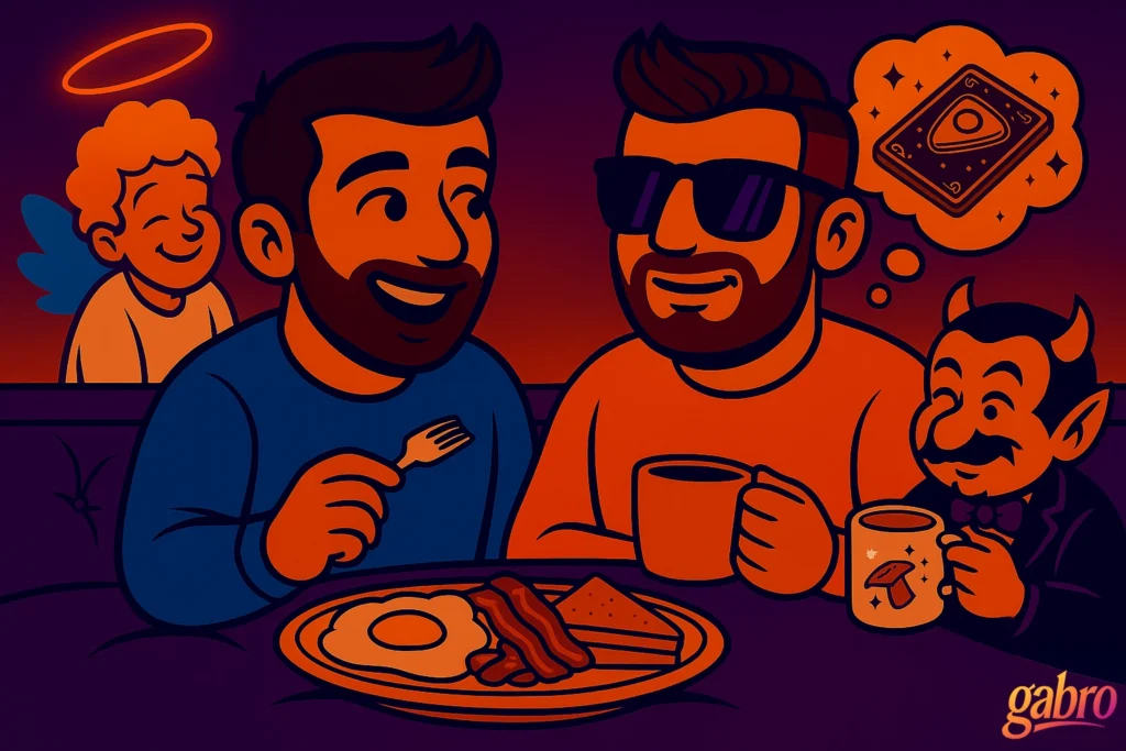 A funny, heartwarming cartoon-style illustration of gabro and Miguel sharing breakfast in a hotel lobby. gabro wears his orange long-sleeve shirt and sunglasses, Miguel wears his blue jacket. They laugh while eating eggs and toast with coffee. The angel smiles proudly, and the devil stirs his coffee with a smirk.