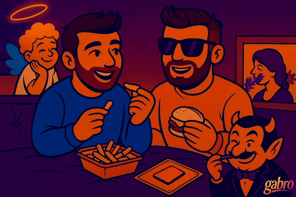 A funny, heartwarming cartoon-style illustration of gabro and Miguel sharing lunch in Miguel's hotel room bed. gabro wears his orange long-sleeve shirt and sunglasses, They laugh while eating a burger and fries. The angel smiles proudly, and the devil smirks.