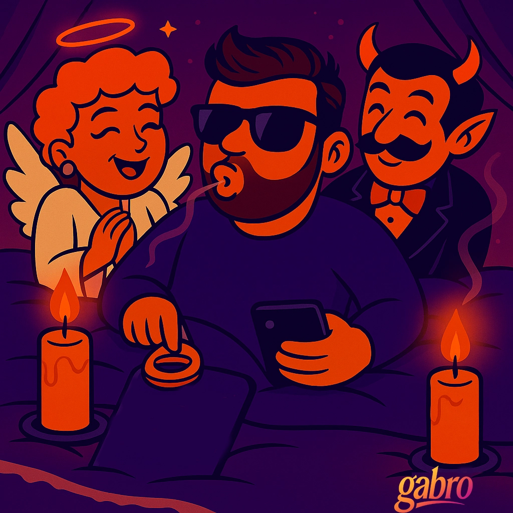 Cartoon-style digital illustration of gabro in dark purple pajamas and sunglasses, sitting on his bed between a smiling angel and a smirking devil. He holds his phone while he blows out two candles. Soft orange and purple lighting fills the room with a warm, hopeful feeling.