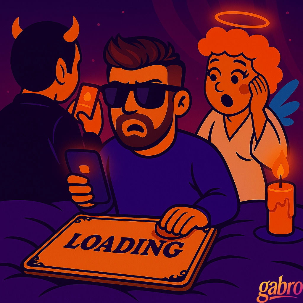 A neon-toned cartoon shows gabro sitting on his bed with his phone, looking angrily confused as he unknowingly texts the Devil, who has his back turned and is smirking while texting from another glowing phone. The Drag Queen Angel adjusts her lashes with a shocked expression, pointing at the Devil. The Ouija board on the bed reads “LOADING” as candles flicker in the purple-orange glow.