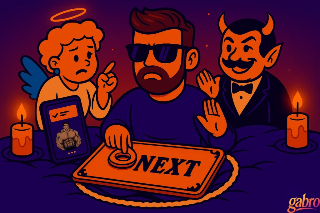Cartoon gabro in long-sleeve pajamas sits on his bed between two candles, one hand on a Ouija planchette spelling ‘NEXT.’ A tiny cherub-style drag queen angel gestures ‘no’ while holding his phone showing the respectful boundary message he just sent, and a slick drag-king devil waves ‘bye’ at the unread chat.
