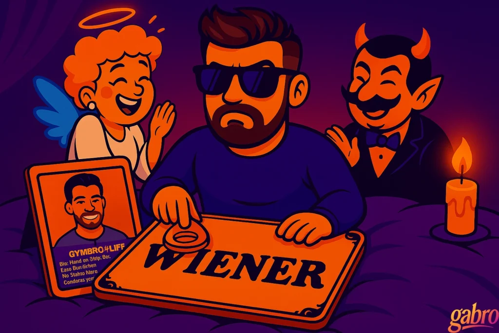 Neon-cartoon scene of gabro on a purple bed with an angel and devil; his planchette spells “WIENER” on the Ouija board, while an iPad shows a friendly Latino guy’s profile.