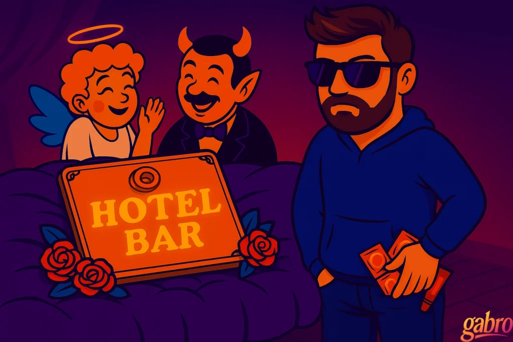 Neon-cartoon illustration: gabro in jeans and hoodie tucks condoms and lube into his pocket while staring at a Ouija board on his bed that glows “HOTEL BAR,” surrounded by red roses; the Angel and Devil grin approvingly under soft purple-orange lighting.