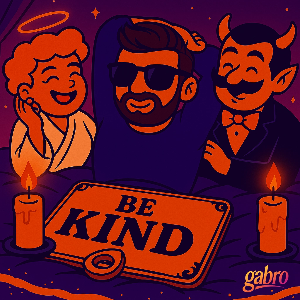 Cartoon-style digital illustration of gabro sitting relaxed on his bed in dark purple pajamas and sunglasses, smiling confidently between a laughing angel and a grinning devil. Two candles flicker beside a glowing Ouija board that reads “BE KIND,” filling the room with soft orange and violet light that feels warm, funny, and full of closure.