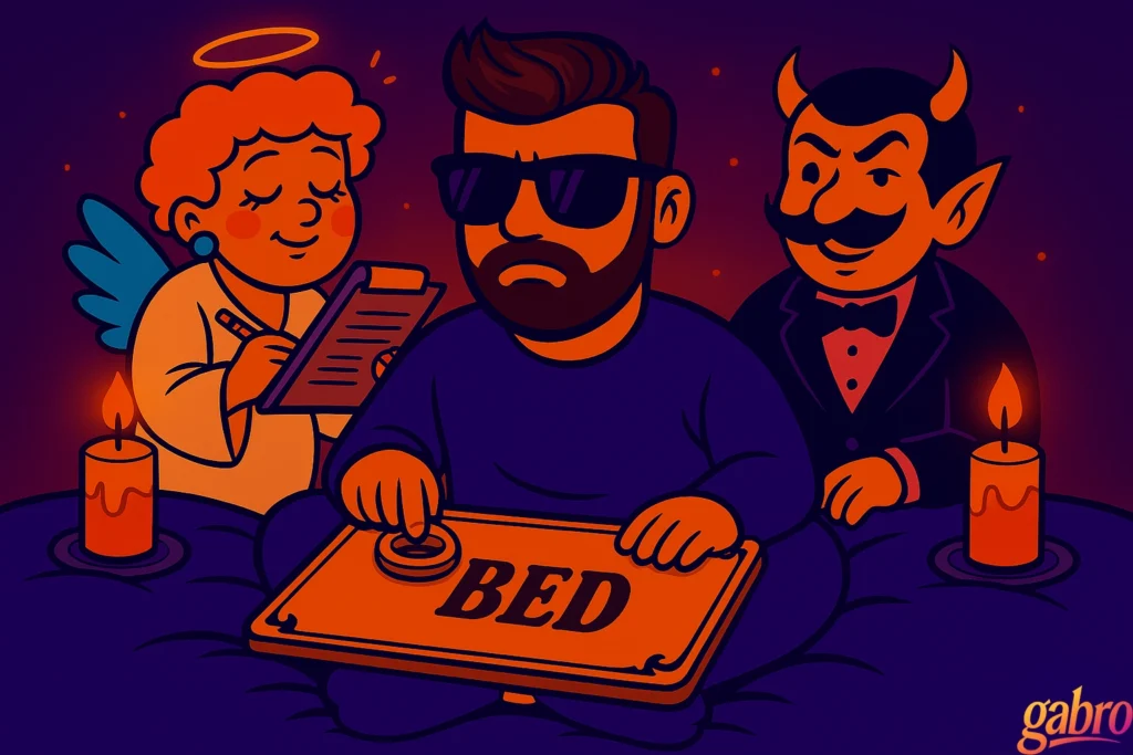 Cartoon gabro in pajamas, sunglasses on, holding a glowing Ouija board that spells “HURRY UP,” with a dramatic drag queen angel and a smug drag king devil hovering on his shoulders. It has vibrant purple-orange lighting, candles, and a small gabro logo watermark.