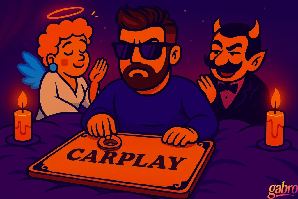 A vibrant cartoon-style illustration shows gabro sitting on his bed with a glowing Ouija board that spells “CARPLAY.” The drag queen angel smiles serenely while the drag king devil smirks mischievously. Orange candles flicker around them, casting a neon purple and orange glow that adds a cheeky, Vegas-night energy to the scene.