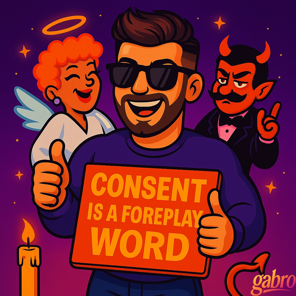 Colorful cartoon-style illustration of gabro grinning while holding a bright orange sign that reads “CONSENT IS A FOREPLAY WORD.” He wears sunglasses and gives a thumbs-up as a glamorous Drag Queen Angel laughs beside him and a Drag King Devil smirks behind him with one finger raised.