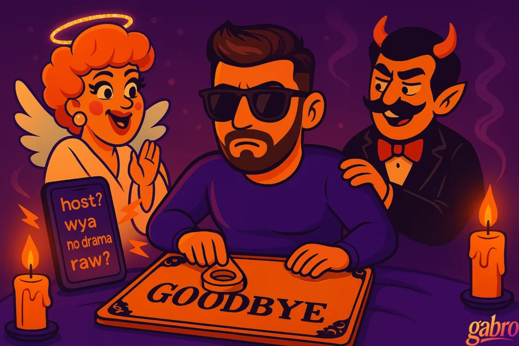 Cartoon-style digital illustration of gabro sitting on his bed in dark pajamas and sunglasses, looking exasperated as the Ouija board glows under his hands. A Drag Queen Angel gestures toward a glowing phone showing Grindr messages: “host? wya no drama raw?”, while a Drag King Devil smirks and leans on gabro’s shoulder like a bad influence. Two candles flicker, casting purple-orange light across the room, giving the scene a funny, chaotic Vegas-after-dark vibe.