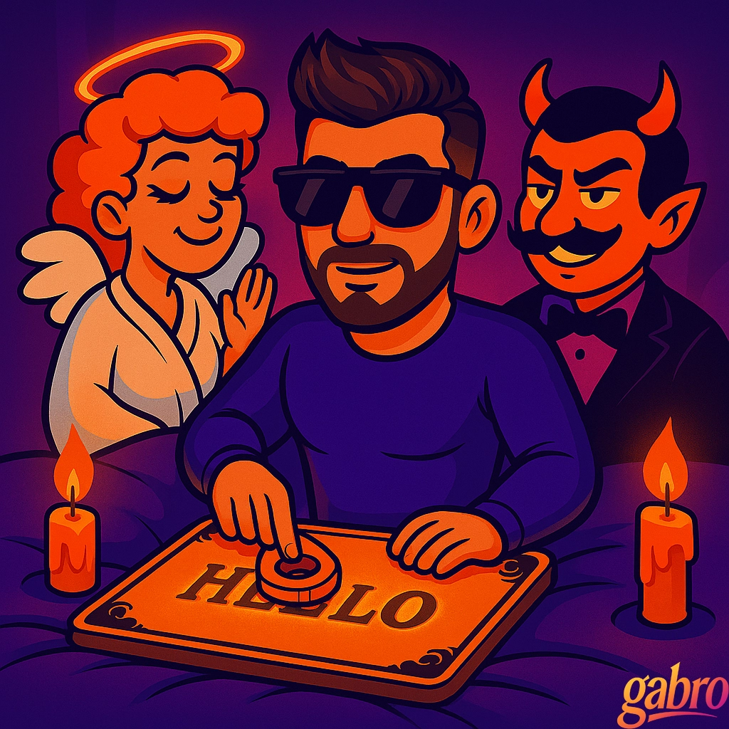 Neon cartoon-style illustration of gabro sitting on his bed using a glowing Ouija board that says “HELLO,” flanked by a serene Drag Queen Angel and a mischievous Drag King Devil, surrounded by flickering candles in warm purple-orange tones.