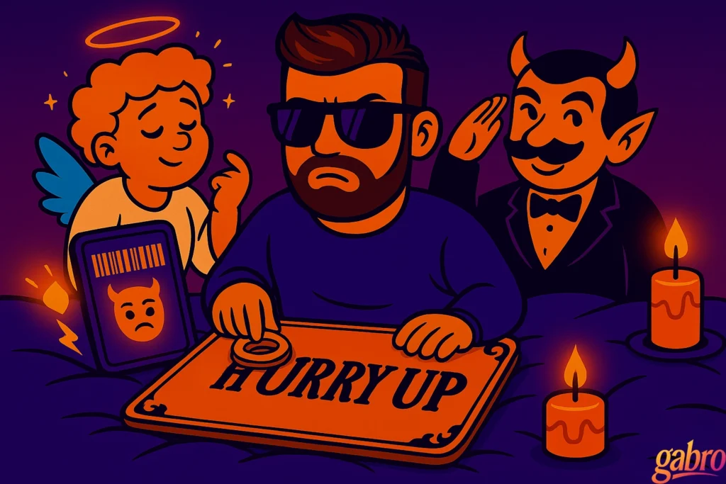 Cartoon gabro in pajamas, sunglasses on, holding a glowing Ouija board that spells “HURRY UP,” with a dramatic drag queen angel and a smug drag king devil hovering on his shoulders. It has vibrant purple-orange lighting, candles, and a small gabro logo watermark.