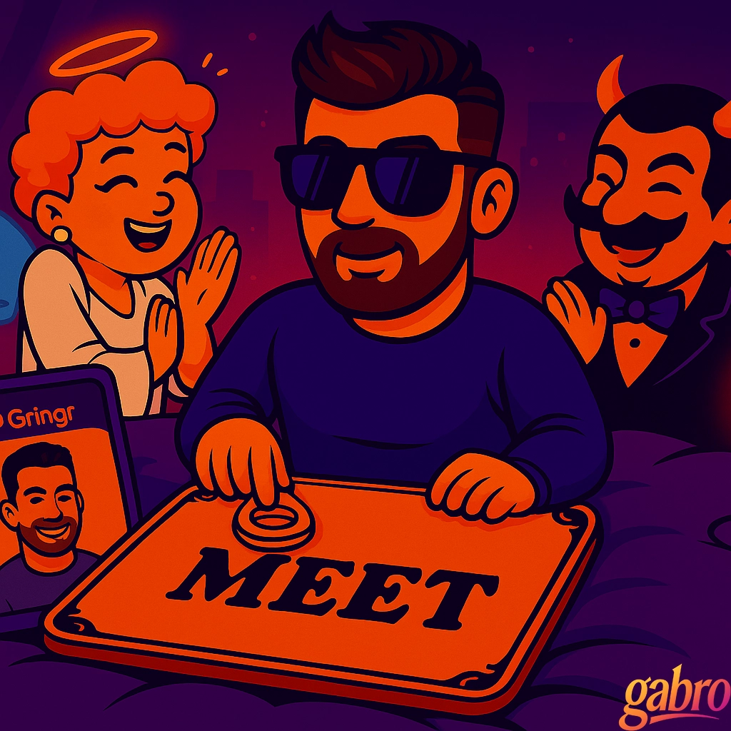 Neon-cartoon scene on a purple bed: gabro in sunglasses moves the planchette as the Ouija board clearly spells “MEET,” the Drag Queen Angel claps, the Drag King Devil smirks, and an iPad beside them shows Miguel’s profile.