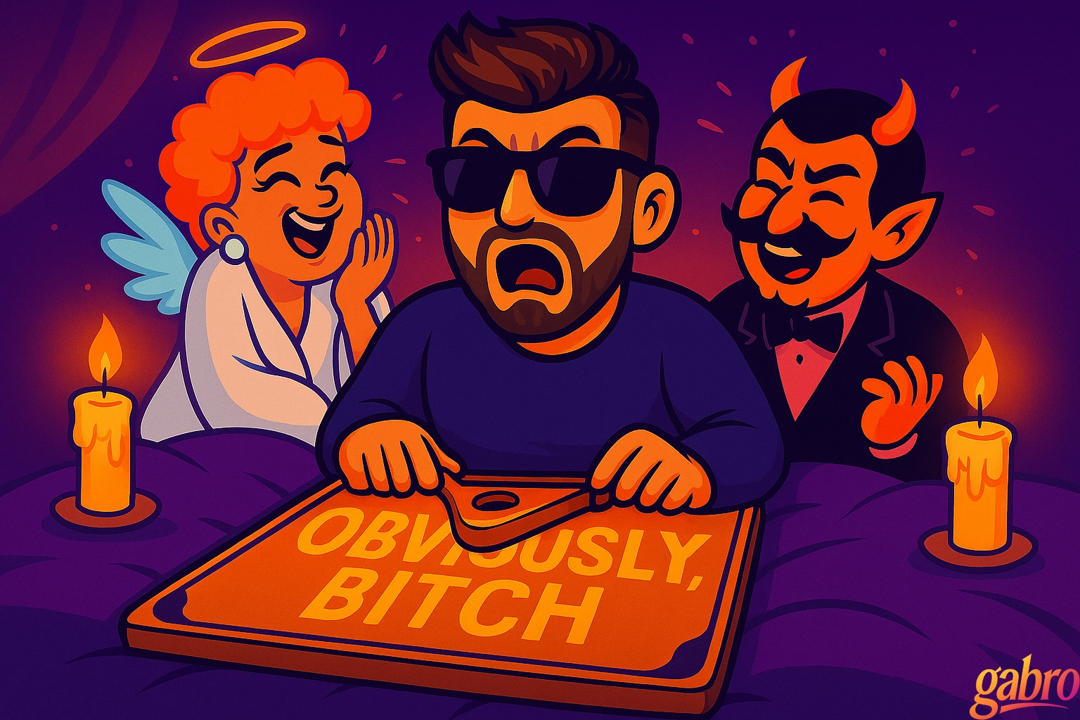 Neon cartoon-style illustration of gabro in dark pajamas and sunglasses, sitting on his bed laughing in disbelief as the glowing Ouija board spells out “OBVIOUSLY” on the top line and “BITCH” beneath it. A Drag Queen Angel covers her mouth to hide her laughter, while a Drag King Devil doubles over, pointing at the board. The room glows in purple and orange candlelight with a playful, chaotic Vegas-night energy.