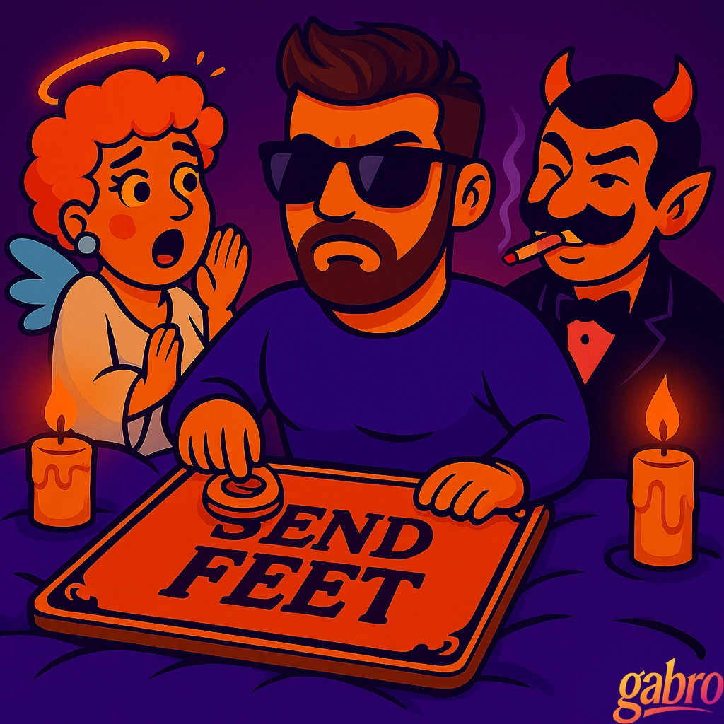 A neon cartoon-style illustration of gabro sitting on a bed between his drag queen angel and drag king devil. The Ouija board in front of him glows with the words “SEND FEET.” The angel looks shocked, the devil smirks while smoking, and gabro looks deadpan in sunglasses, lit by candles in a playful Vegas-bedroom glow.