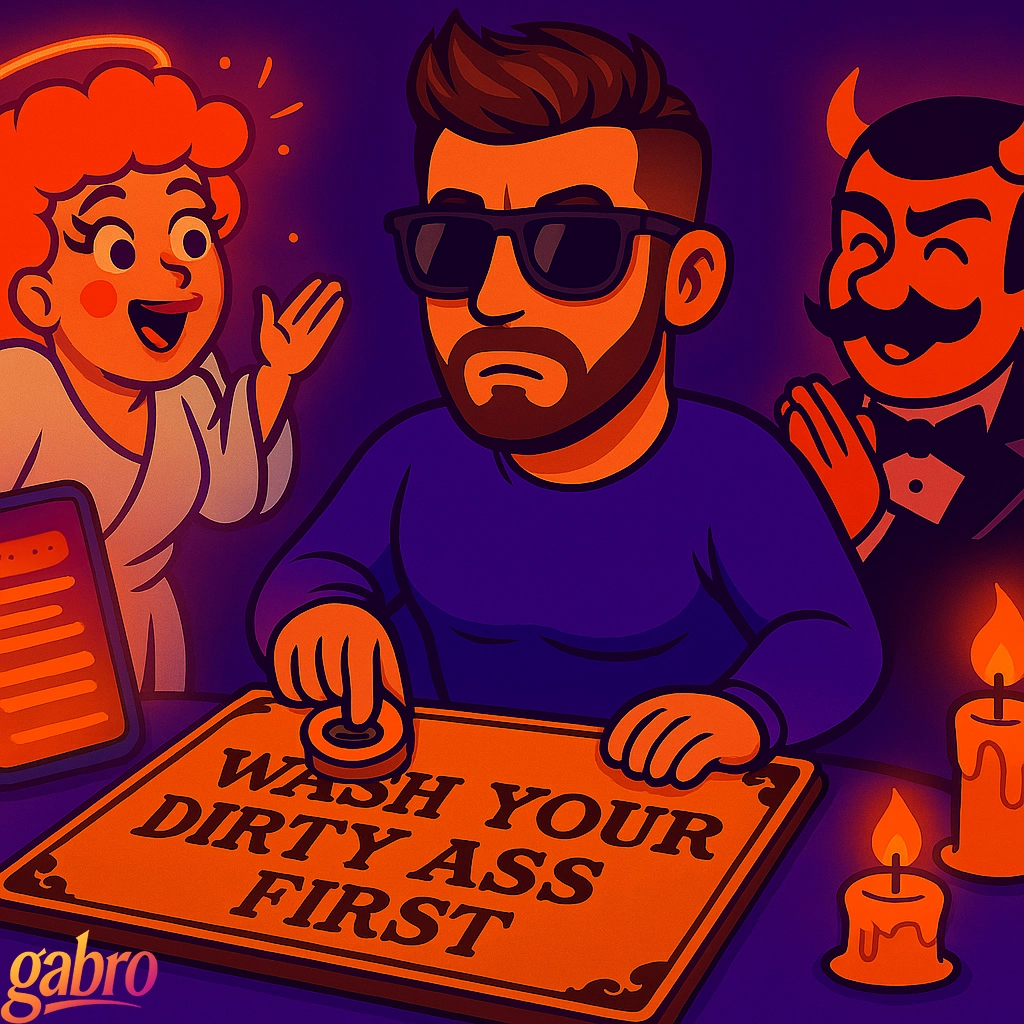 Vibrant cartoon-style digital illustration of gabro mid-choke from laughter, staring at a glowing Ouija board that reads “WASH YOUR DIRTY ASS HOLE FIRST.” The Drag King Devil claps with glee, while the Drag Queen Angel lifts a disapproving eyebrow with elegant restraint. A phone nearby flashes Grindr messages like “host?” and “raw?”, surrounded by flickering candles and warm neon tones of orange, pink, and purple.