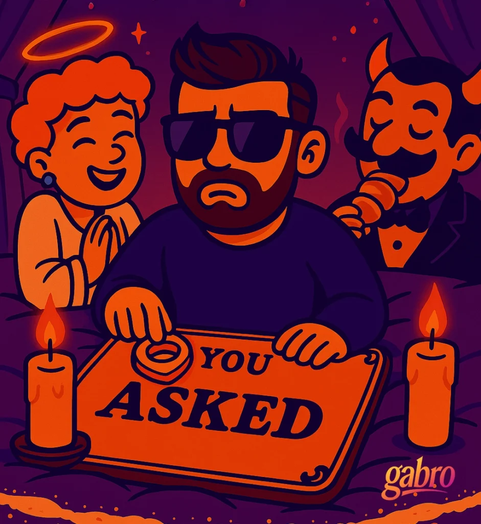 Cartoon-style digital illustration of gabro sitting on his bed in orange pajamas and sunglasses, looking unimpressed as he uses a glowing Ouija board that spells “YOU ASKED” Two candles flicker on each side of the board. Behind him, the angel laughs with her hands clasped, halo glowing warmly, while the devil smirks with a croissant in hand. The scene glows in purple and orange tones, giving off cozy, sarcastic, post-chaotic energy.