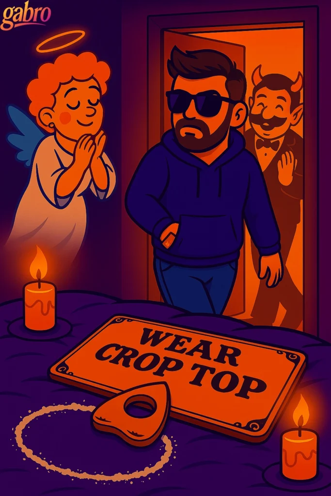 Cartoon illustration: gabro in jeans and a hoodie walks out of his glowing purple-orange bedroom while the Ouija board on his bed cheekily spells “WEAR CROP TOP.” The Angel smiles proudly, the Devil rolls his eyes, and a messy salt circle on the bed looks like donut crumbs in a circle.